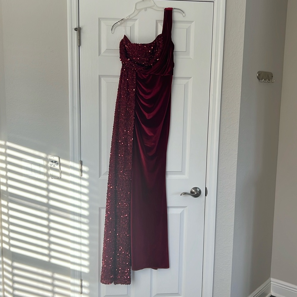 Velvet & sequin gown with train. New